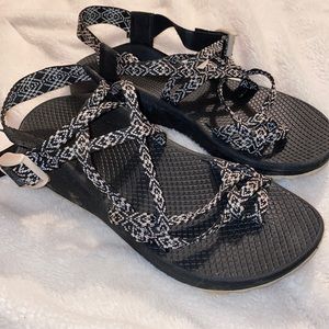 Black and white strap Chacos sandals
